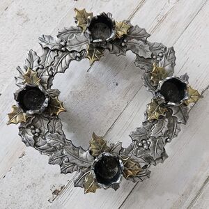 Metzke Pewter Advent Wreath Candle Holder Ring Holly Leaves Vintage 6”